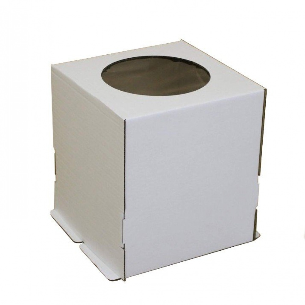 Кондитерская упаковка, короб белый, с круглым окном, 28x28x30см.