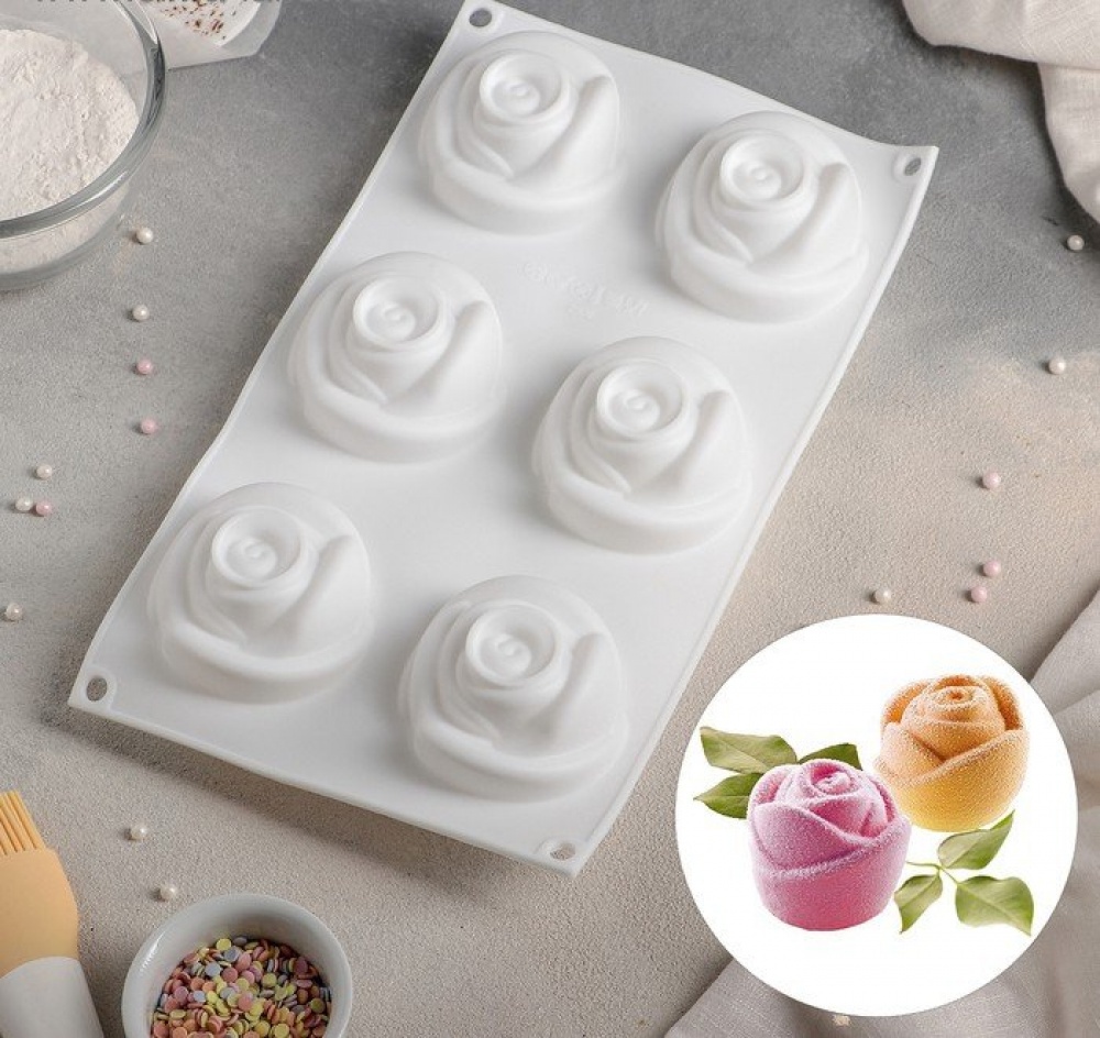 Форма для муссовых десертов и выпечки /Розы/, 30x17,5см., 6 ячеек, цвет белый
