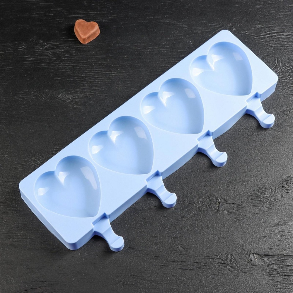 Форма для леденцов и мороженого /Сердца/, 39x15см., 4 ячейки (9,2x8,4см.), цвет МИКС