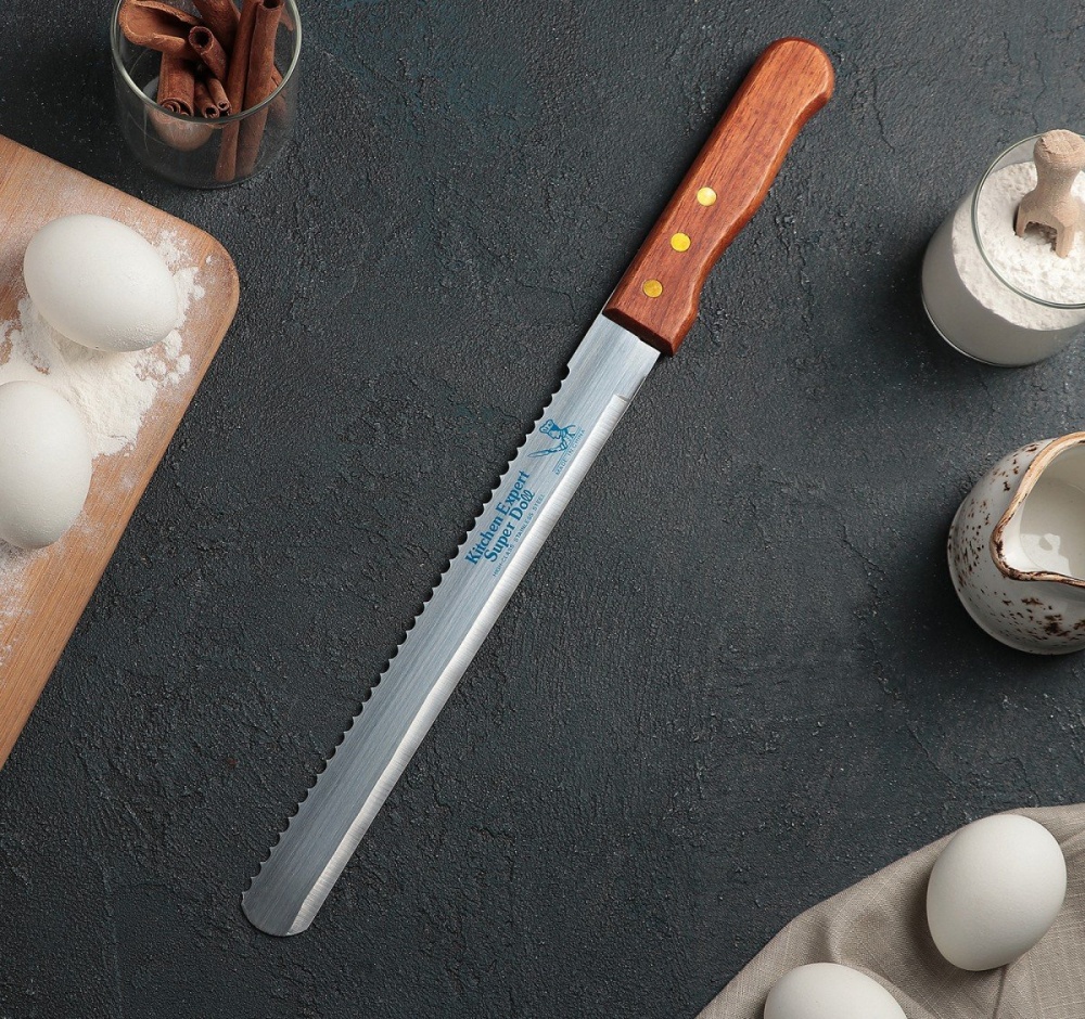 Нож для бисквита двусторонний, с крупными зубцами и ровным краем, лезвие 25 см.